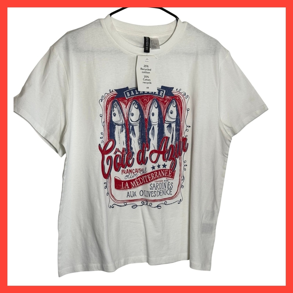 NWT H&M Divided Cote d'Azur French Sardine Graphic Tee White Size L